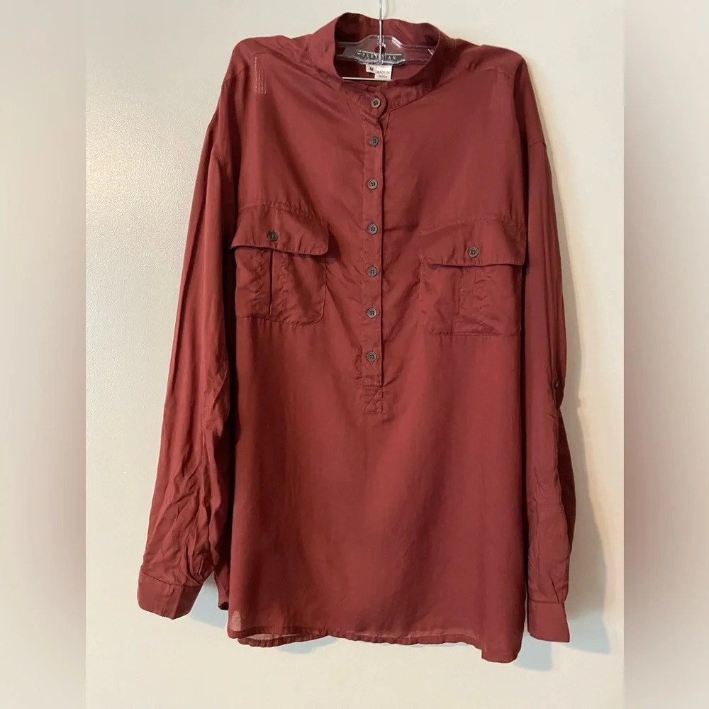 Peruvian Connection Lightweight Brown Blouse Top Roll Tab Sleeves Pockets Size M